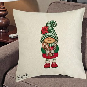 Perna Decorativa Gnom Craciun Verde cu Bomboane si Floare, 40x40 cm, Ecru, Husa Detasabila, Perna Inclusa, BEKZ®