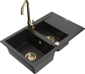 Mexen Gaspar chiuvetă din granit cu 1,5 compartimente, cu scurgător și baterie de bucătărie Telma, negru/auriu