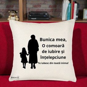 Cadou pentru Bunica - Perna Personalizata Bunica Mea Comoara Iubire Intelepciune Silueta, 40x40 cm, Crem Reliefat, Husa Detasabila, Perna Inclusa, BEKZ®
