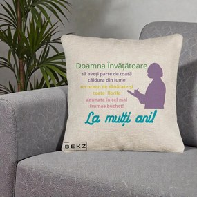 Cadou pentru Invatatoare - Perna Personalizata Doamna Invatatore La Multi Ani cu Silueta si Text Colorat, 40x40 cm, Bej Canapea, Husa Detasabila, Perna Inclusa, BEKZ®