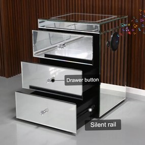 Noptieră inteligentă multifuncțională, din sticla tip oglindă, 3 sertare, LED-uri tactile, 3 tipuri de culoare, încărcare fără fir si USB, Difuzor Bluetooth, sticla securizata, 40x40x60 cm