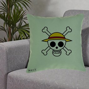 Perna Personalizata One Piece Jolly Roger Straw Hat Pirates, 40x40 cm, Verde, Husa Detasabila, Perna Inclusa, BEKZ®