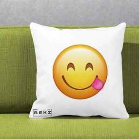 Perna Decorativa Emoji Limba Scoasa, 40x40 cm, Alba Mata, Husa Detasabila, Perna Inclusa, BEKZ®