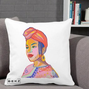 Perna Decorativa Portret Femeie Africana, 40x40 cm, Alba Mata, Husa Detasabila, Perna Inclusa, BEKZ®