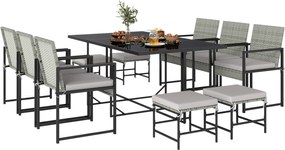 Outsunny Set de dining pentru patio 11 piese, mobilier exterior cu 6 fotolii, 4 pouf, gri | Aosom Romania