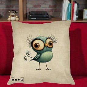 Perna Decorativa Pasare Teal cu Gene si Coada Spiralata, 40x40 cm, Crem, Husa Detasabila, Perna Inclusa, BEKZ®