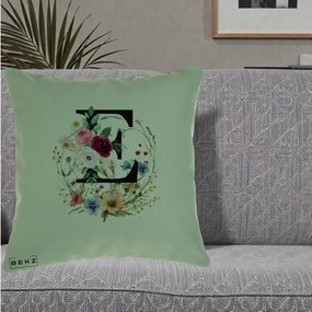 Cadou Personalizat - Perna Personalizata Monogram Litera E cu Flori Acuarela, 40x40 cm, Verde, Husa Detasabila, Perna Inclusa, BEKZ®