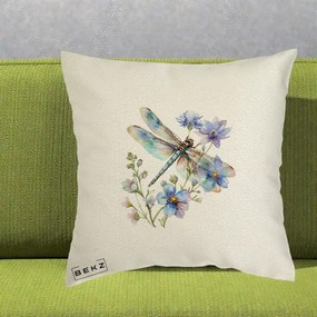 Perna Decorativa Libelula Acuarela Flori Albastre, 40x40 cm, Ecru, Husa Detasabila, Perna Inclusa, BEKZ®