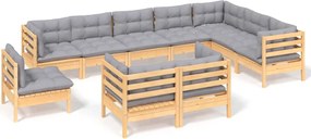 vidaXL Set mobilier grădină cu perne, 10 piese, gri, lemn masiv pin