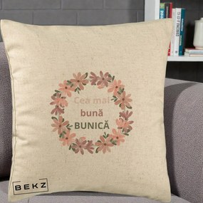 Cadou pentru Bunica - Perna Personalizata Cea Mai Buna Bunica Coronita Flori Roz, 40x40 cm, Bej, Husa Detasabila, Perna Inclusa, BEKZ®