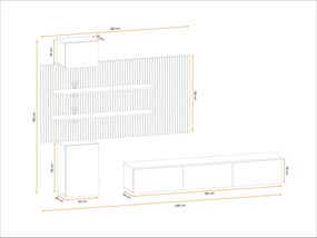 Mobilier Living modern, suspendat-prindere perete , 280 cm lungime, Casmir stejar artisan-imprimeu riflaj dungi negre, usi deschidere push open ,