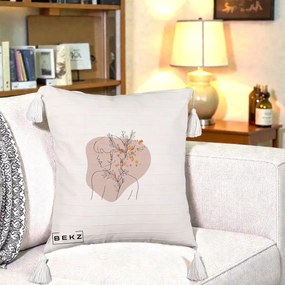 Perna Decorativa Femeie cu Flori Line Art Boho, 40x40 cm, Bej cu Franjuri, Husa Detasabila, Perna Inclusa, BEKZ®