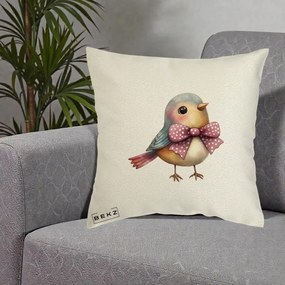 Perna Decorativa Pasare Bleu cu Fundita Roz, 40x40 cm, Ecru, Husa Detasabila, Perna Inclusa, BEKZ®