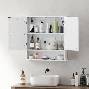 kleankin Dulap Suspendat pentru Baie cu 2 Uși cu Oglindă și Raft Deschis, Raft Interior Reglabil, Mânere Metalice, 56x13x58 cm, Alb | Aosom Romania