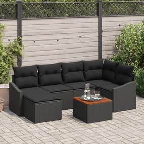 vidaXL Set de canapea pentru grădină cu 7 piese și perne, Negru, din Poly Rattan și Acacia