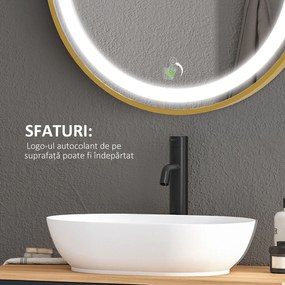 kleankin Oglindă de Baie Rotundă cu Lumină LED, Luminozitate Reglabilă și Întrerupătoare Touch, Ø60x4 cm, Auriu | Aosom Romania