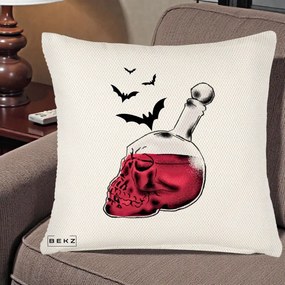 Perna Decorativa Halloween Craniu-Sticla cu Lilieci, 40x40 cm, Crem Reliefat, Husa Detasabila, Perna Inclusa, BEKZ®