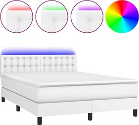 vidaXL Pat cu arcuri, cu saltea & LED, alb, 140x190 cm, piele eco