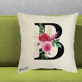 Cadou Personalizat - Perna Personalizata Monograma Florala Litera B, 40x40 cm, Ecru, Husa Detasabila, Perna Inclusa, BEKZ®