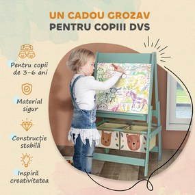 Tablă pentru copii 3 în 1 AIYAPLAY cu 2 containere, șevalet de artă din lemn pentru copii 3-8 ani, 54x46,5x93cm, de culoare verde | Aosom Romania