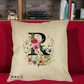 Cadou Personalizat - Perna Personalizata Monogram Litera R cu Flori Acuarela, 40x40 cm, Crem, Husa Detasabila, Perna Inclusa, BEKZ®