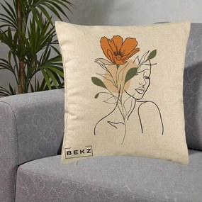 Perna Decorativa Portret Feminin Floare Portocalie, 40x40 cm, Bej, Husa Detasabila, Perna Inclusa, BEKZ®