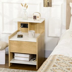 HOMCOM Noptieră Modernă cu Prize USB și Sertar, 40x40x60cm, Lemn Natural | Aosom Romania