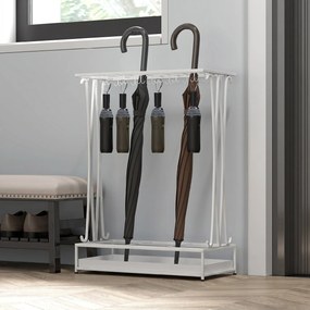 HOMCOM Suport Pentru Umbrele cu Tăviță Colectoare, 21 Orificii, 24 Cârlige, Oțel, 50x24x68 cm, Alb | Aosom Romania