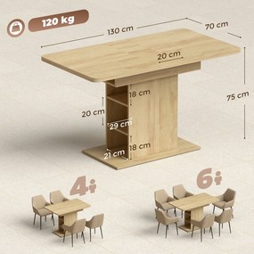 HOMCOM Masă extensibilă dreptunghiulară pentru 4-6 persoane, masă de bucătărie 110-130 cm, 6 rafturi deschise, lemn natural | Aosom Romania