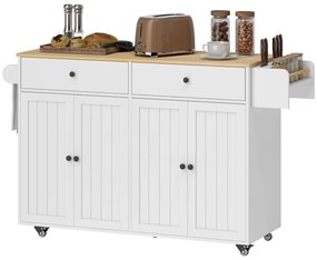 HOMCOM Insulă de bucătărie pe roți, 2 sertare, 2 dulapuri, mobilă, raft pentru condimente, suport prosop, suport pentru cuțite, MDF, Alb | Aosom Romania