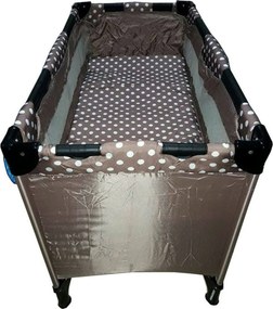 Patut Pliant, Tarc copii Baby Care™ PRO, Pliabil pe 2 Niveluri, plasa tantari,geanta transport inclusa, Maron cu buline