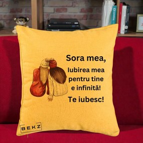 Cadou pentru Sora - Perna Personalizata Sora Mea Te Iubesc Doua Fete Iarna Acuarela, 40x40 cm, Galben, Husa Detasabila, Perna Inclusa, BEKZ®