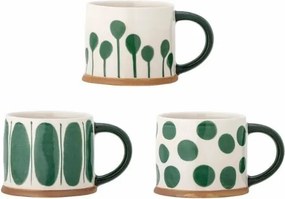 Set 3 căni natur din ceramică artizanală pictată manual cu motive geometrice în verde, 450 ml, 11×8,5 cm, "Linora"