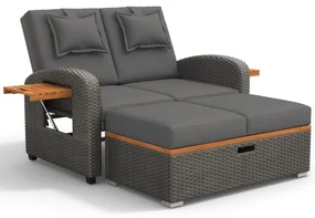 Set de fotolii lounge pentru grădină pentru 2 persoane, spătar reglabil, cu suport pentru picioare sau utilizabil ca pat de exterior, 120x74x95 cm, Gri
