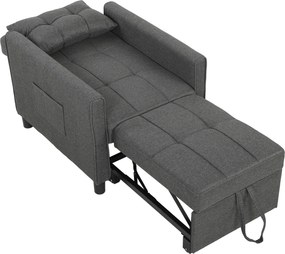 HOMCOM Fotoliu Pat Single 3 în 1 din Material Textil Tip In și Lemn cu Spătar Reclinabil, Pernă, Buzunare, Gri | Aosom Romania
