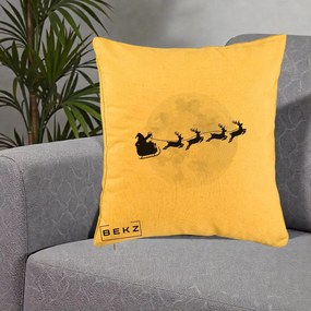 Perna Decorativa Mos Craciun Sanie Luna, 40x40 cm, Galben, Husa Detasabila, Perna Inclusa, BEKZ®