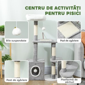 PawHut Ansamblu de joacă zgârietoare pentru pisici cu căsuță, pat și 2 mingi, din lemn și pluș, 55x40x107 cm, gri și alb | Aosom Romania