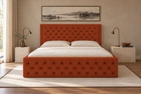 Pat tapițat Chesterfield din catifea Ophelia Deluxe 140×200 cm, cărămiziu, cu ladă de depozitare