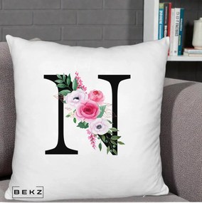 Cadou Personalizat - Perna Personalizata Monograma Florala Litera N, 40x40 cm, Alb Pufos, Husa Detasabila, Perna Inclusa, BEKZ®