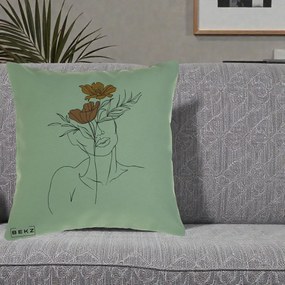Perna Decorativa Portret Feminin Doua Flori, 40x40 cm, Verde, Husa Detasabila, Perna Inclusa, BEKZ®