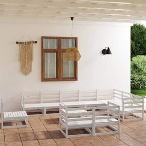 3075820 vidaXL Set mobilier relaxare de grădină, 11 piese, alb, lemn masiv pin