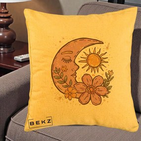 Perna Personalizata Luna si Soare Floral Boho, 40x40 cm, Galben, Husa Detasabila, Perna Inclusa, BEKZ®