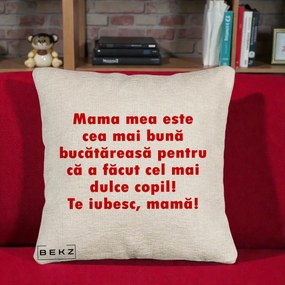 Cadou pentru Mama - Perna Personalizata Mama cea Mai Buna Bucatareasa, 40x40 cm, Bej Canapea, Husa Detasabila, Perna Inclusa, BEKZ®
