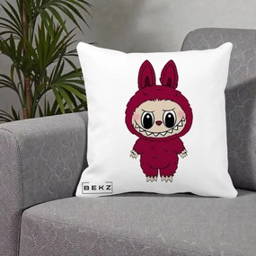 Perna Personalizata Labubu Rosu-Visiniu Solo, 40x40 cm, Alba Mata, Husa Detasabila, Perna Inclusa, BEKZ®