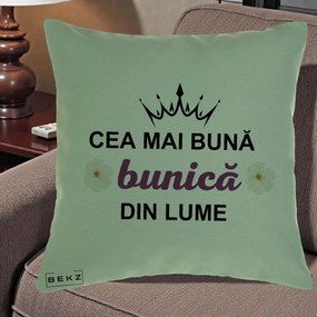 Cadou pentru Bunica - Perna Personalizata Cea Mai Buna Bunica Din Lume Coroana Mov Flori, 40x40 cm, Verde, Husa Detasabila, Perna Inclusa, BEKZ®