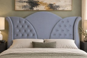 Pat tapițat Chesterfield din catifea Velora Deluxe Classic 160×200 cm, gri deschis, cu ladă de depozitare
