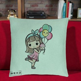 Perna Decorativa Fetita Kawaii cu Baloane si Cupcake, 40x40 cm, Verde Menta, Husa Detasabila, Perna Inclusa, BEKZ®