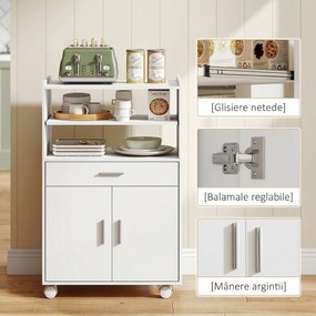 HOMCOM Dulap pentru Cuptorul cu Microunde cu Roți, Bufet de Bucătărie cu Sertar, Blat pentru Electrocasnice, Dulap cu 2 Uși, Raft Glisant și Raft Deschis, Cărucior de Bucătărie pentru Sufragerie, 59x40x92cm, Alb | Aosom Romania