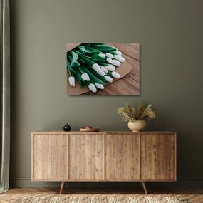 Tablou pe sticlă cu buchet de lalele albe (70x50 cm)