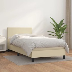 Pat box spring cu saltea, crem, 80x200 cm, piele ecologica Crem, 80 x 200 cm, Design simplu